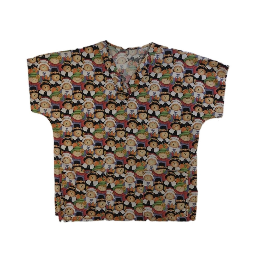 Scrubs Top Pilgrim Teddy Bears Autumn Fall Harvest Thanksgiving Women's 2XL READ